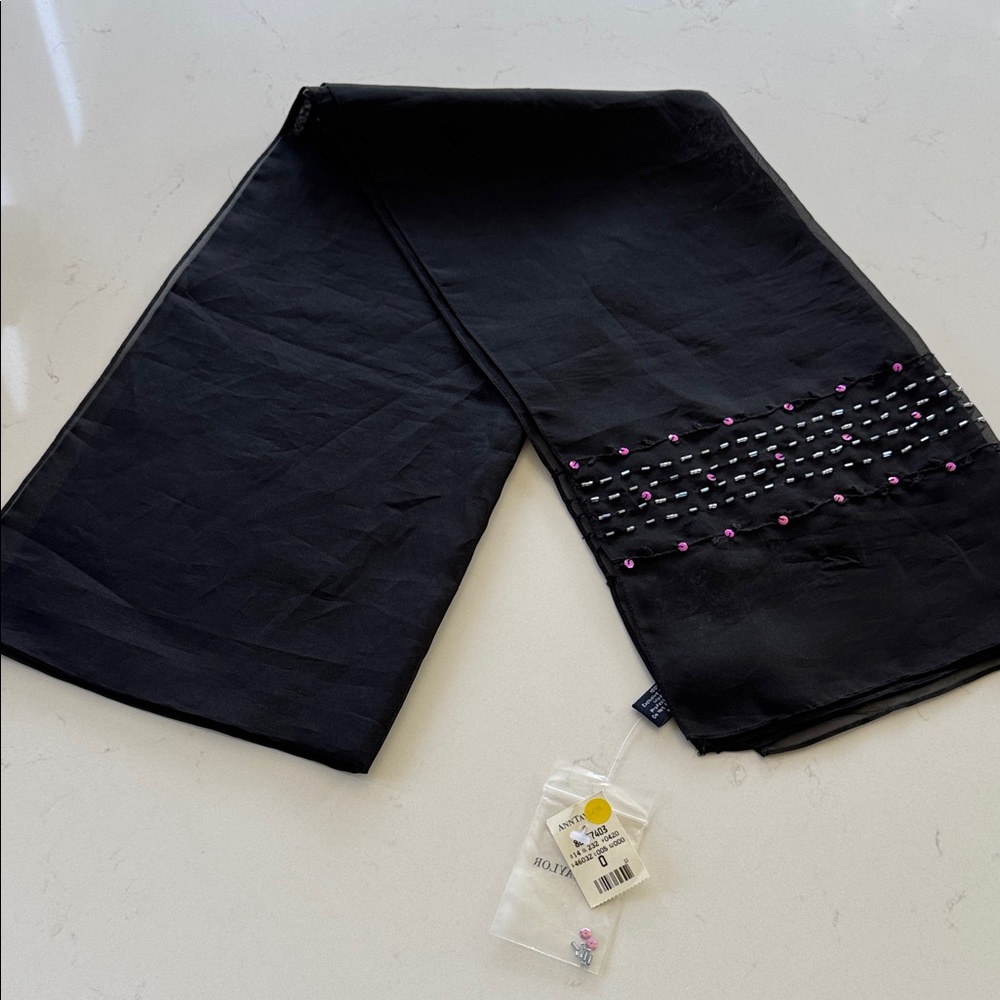 Ann Taylor Black Embellished Scarf with Pink Bead Accents NWT